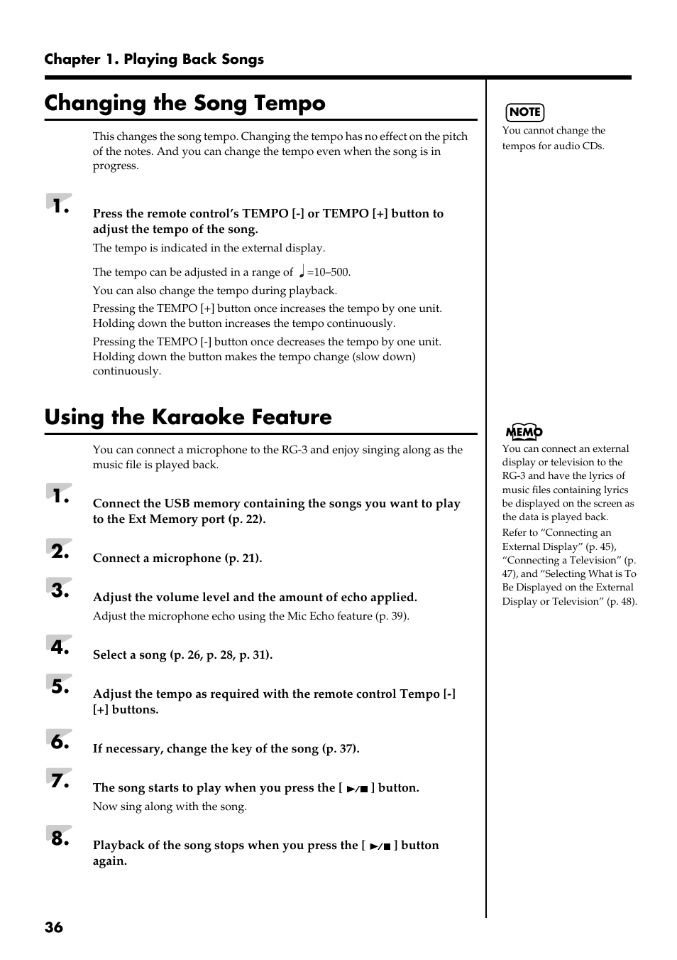 Changing the song tempo, Using the karaoke feature, Changing tempos (p. 36) | Roland RG-3 User Manual | Page 38 / 124