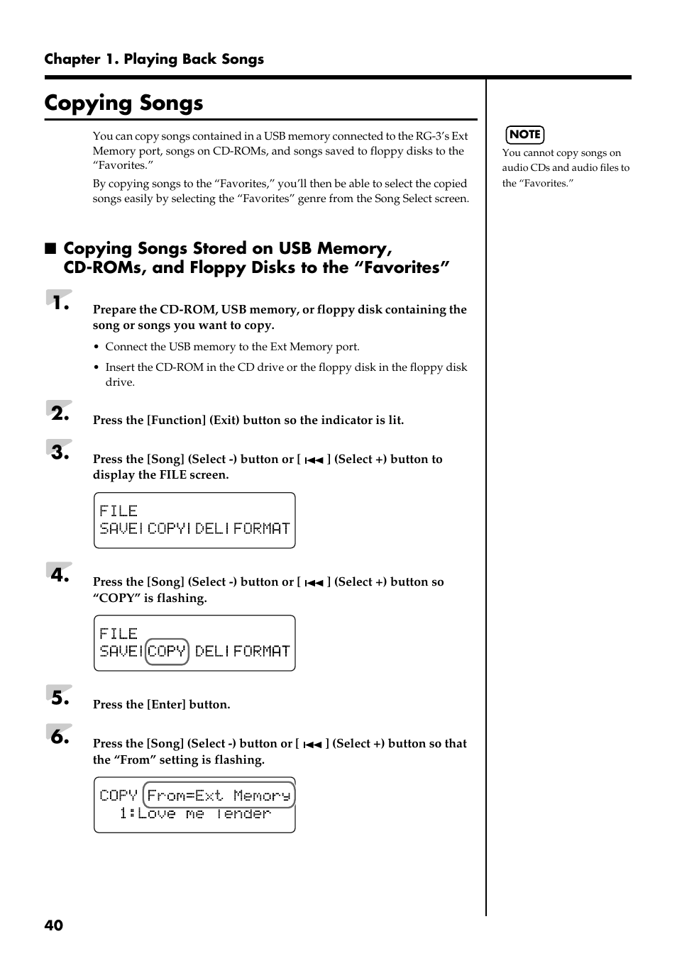 Copying songs, Copying “favorites” (p. 40) | Roland RG-3 User Manual | Page 42 / 124