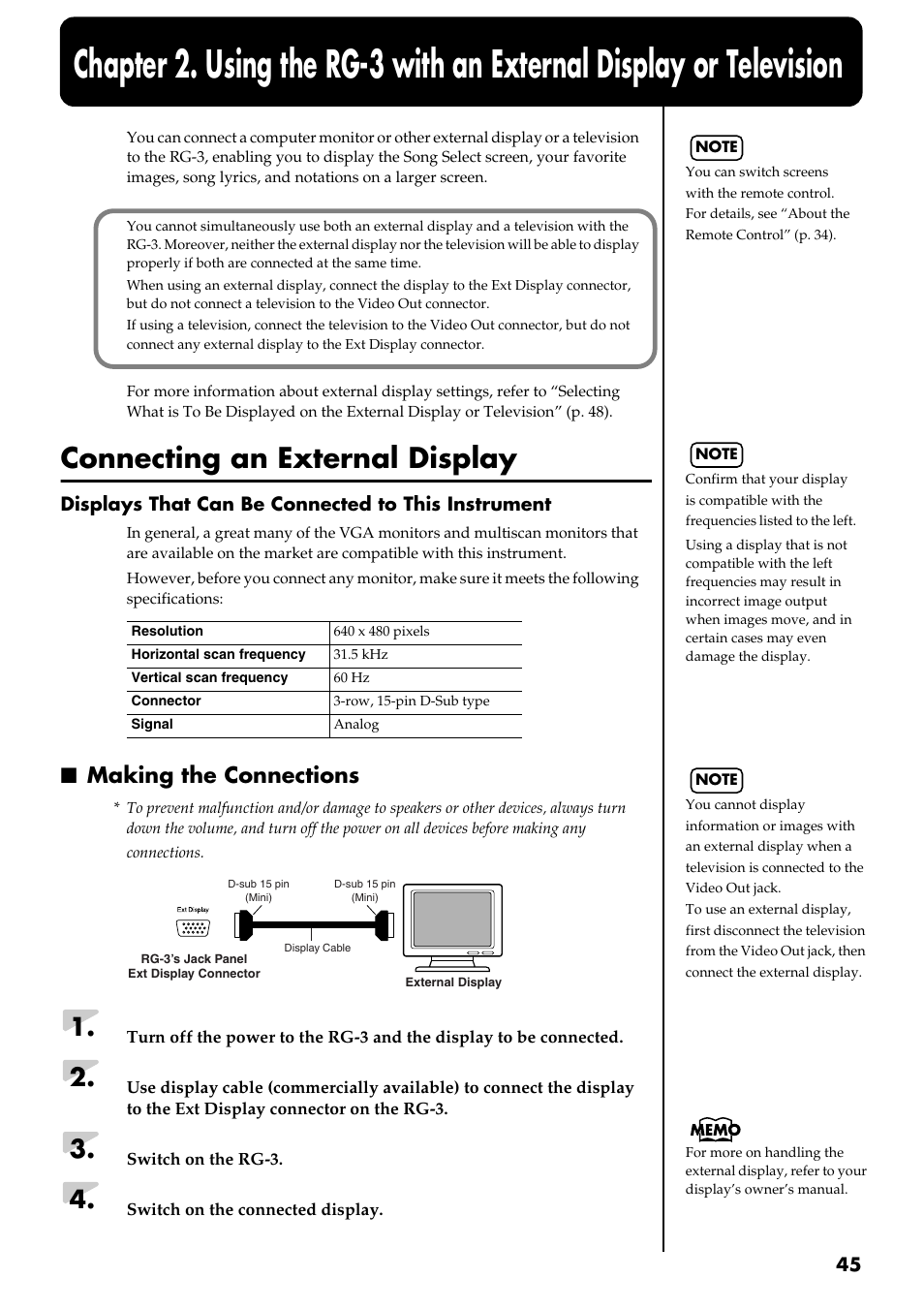 Connecting an external display, Making the connections, The external display (p. 45) | Refer to “connecting an external display” (p. 45) | Roland RG-3 User Manual | Page 47 / 124