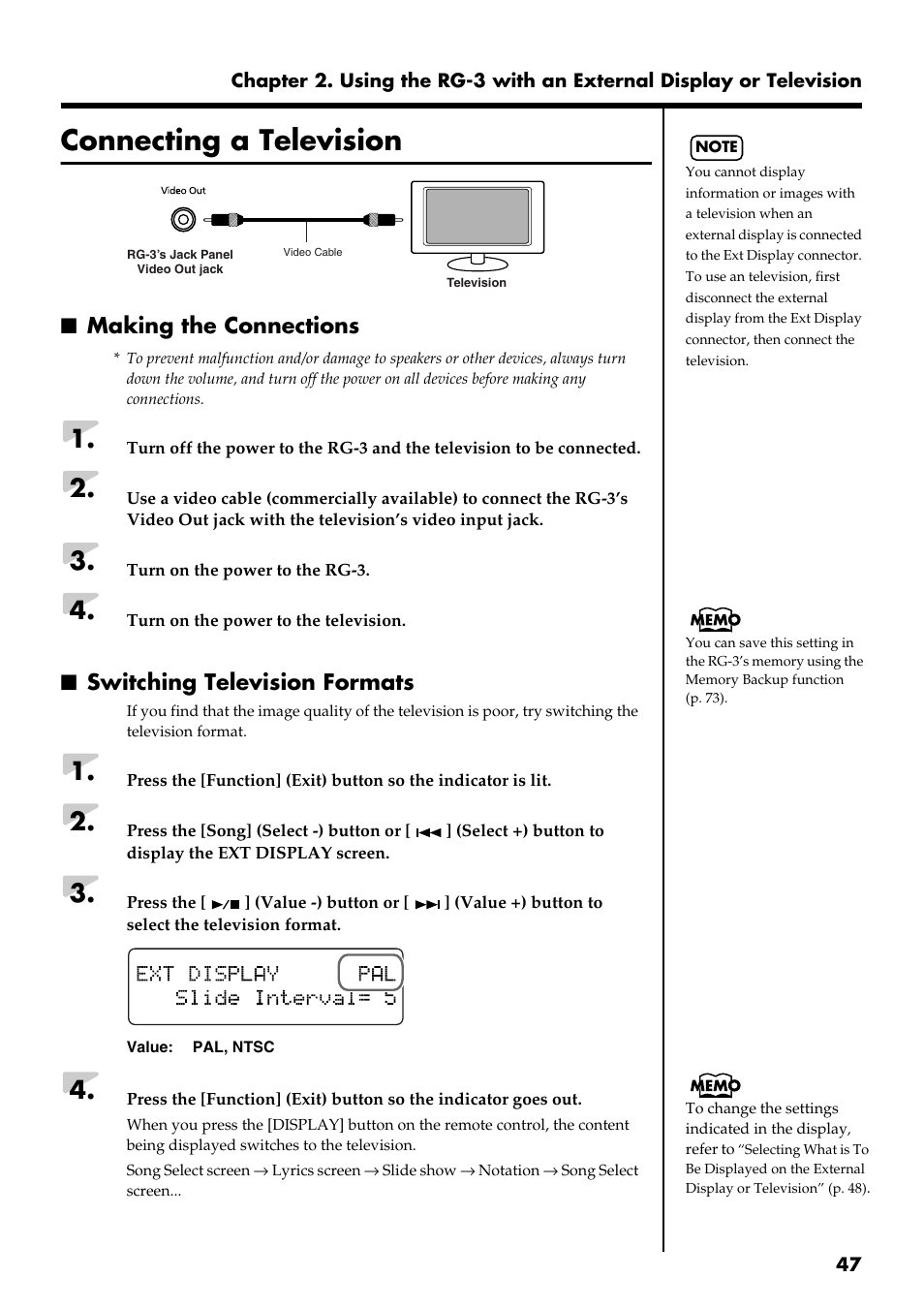 Connecting a television, Making the connections, Switching television formats | On the connected television set (p. 47) | Roland RG-3 User Manual | Page 49 / 124