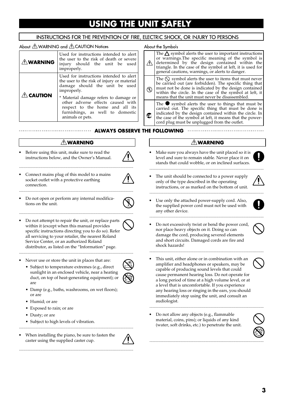 Using the unit safely | Roland RG-3 User Manual | Page 5 / 124