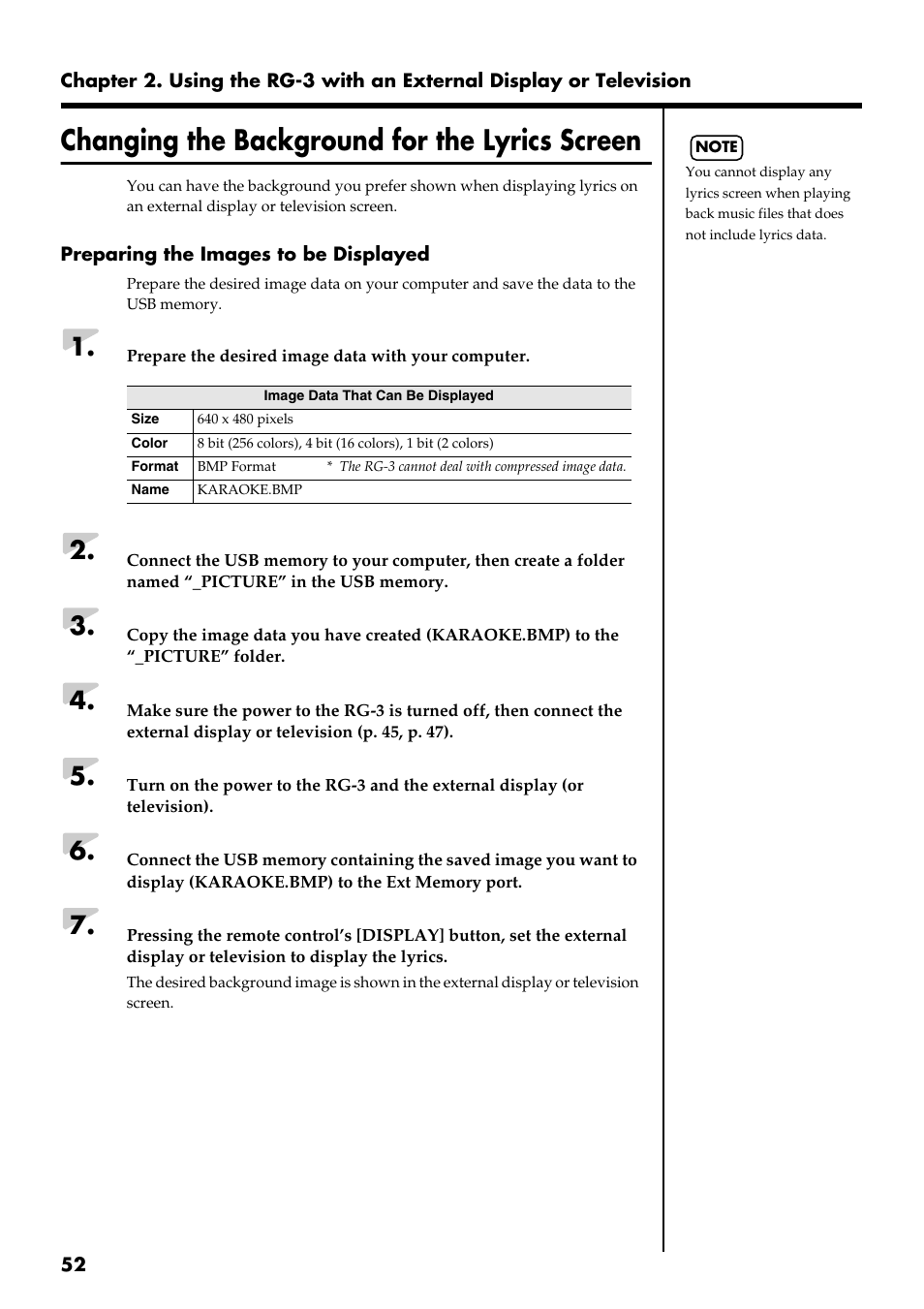 Changing the background for the lyrics screen | Roland RG-3 User Manual | Page 54 / 124