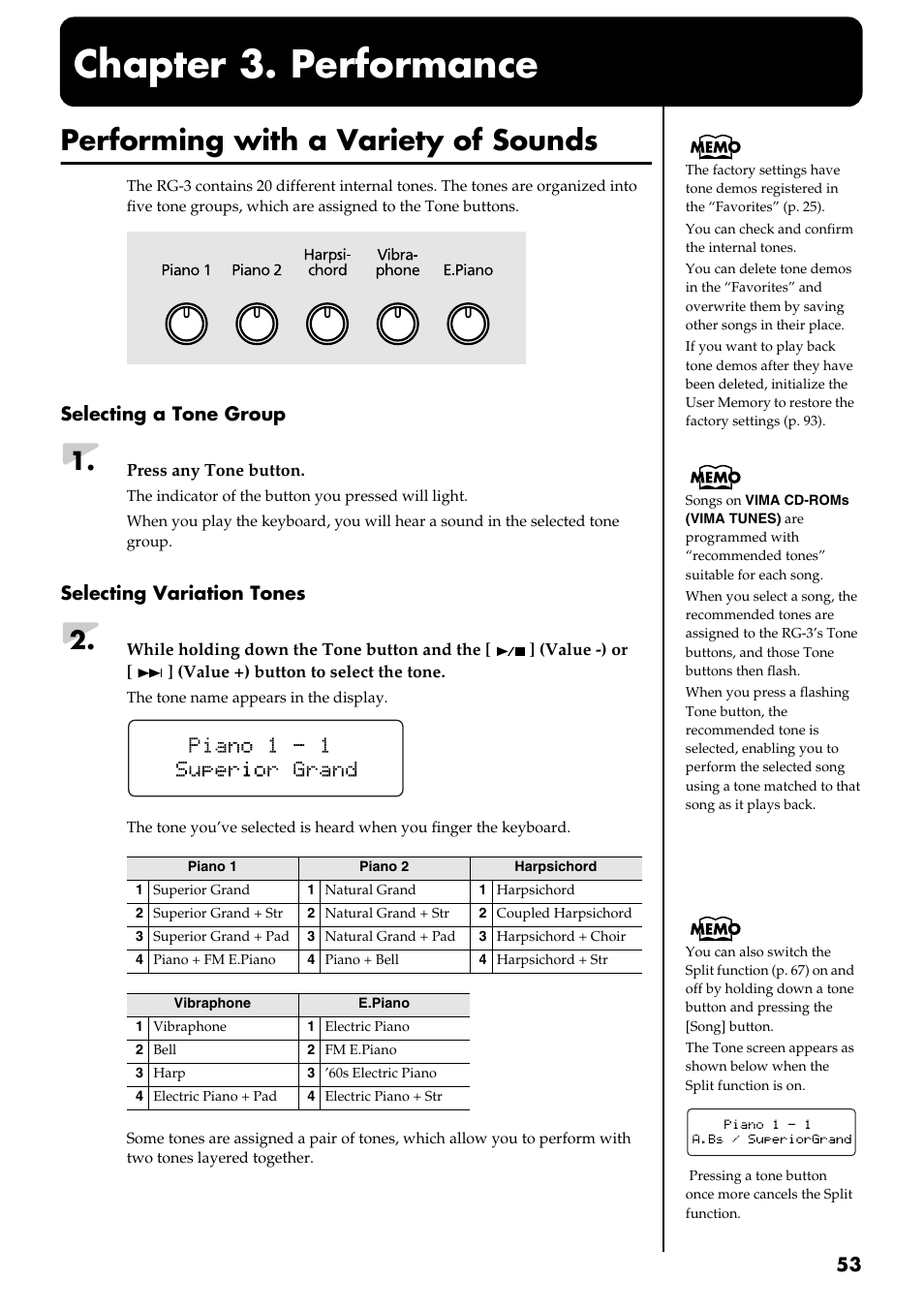 Chapter 3. performance, Performing with a variety of sounds, Groups) played by the keyboard (p. 53) | Selecting a tone group, Selecting variation tones | Roland RG-3 User Manual | Page 55 / 124