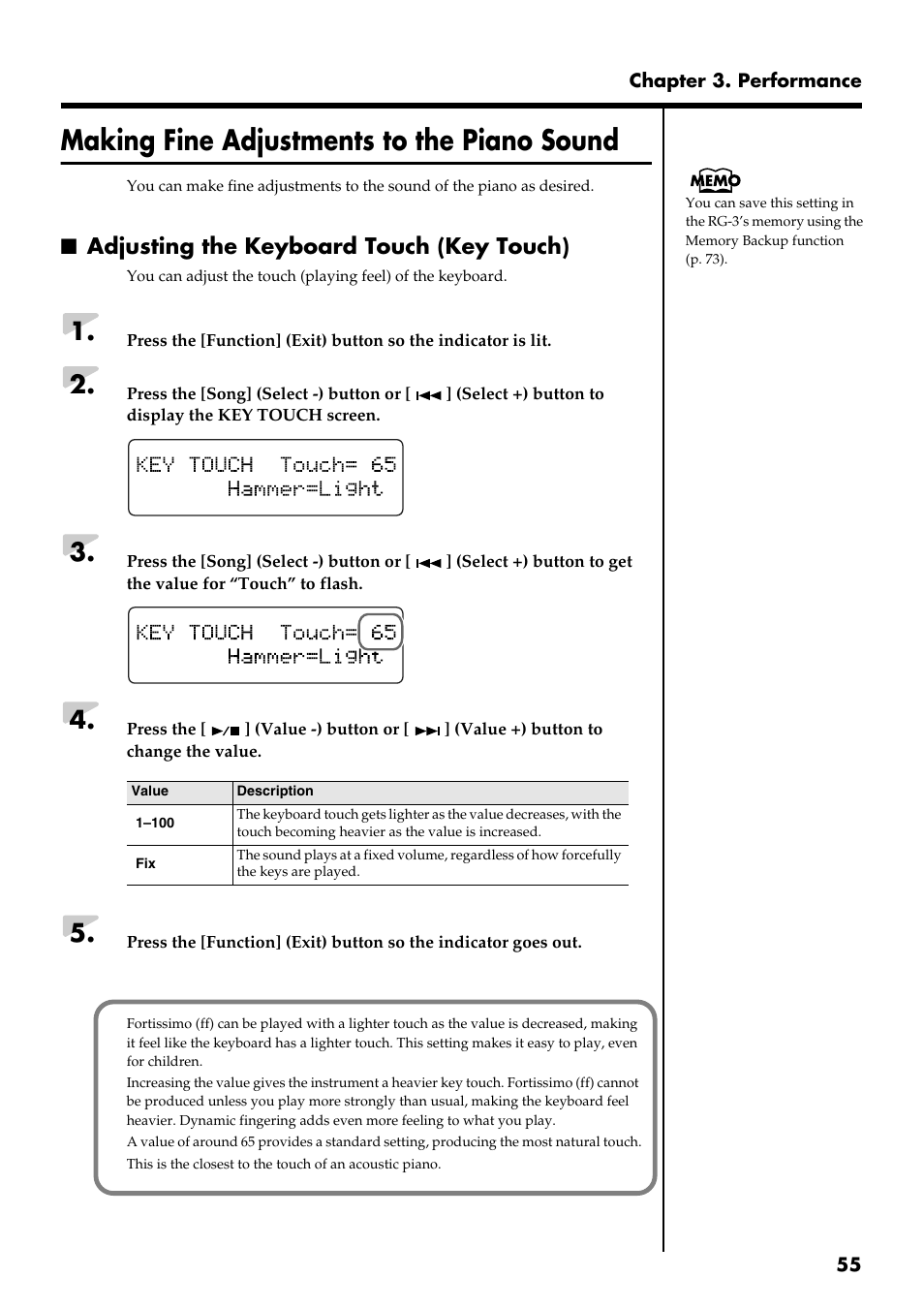 Making fine adjustments to the piano sound, Adjusting the keyboard touch (key touch) | Roland RG-3 User Manual | Page 57 / 124