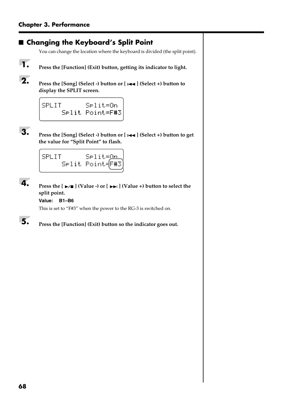 Changing the keyboard’s split point | Roland RG-3 User Manual | Page 70 / 124