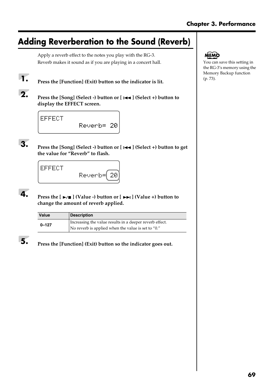 Adding reverberation to the sound (reverb) | Roland RG-3 User Manual | Page 71 / 124