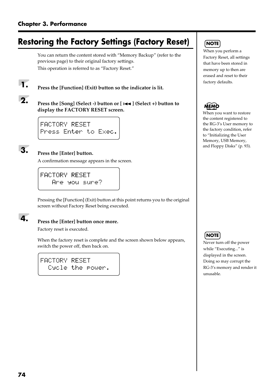 Restoring the factory settings (factory reset) | Roland RG-3 User Manual | Page 76 / 124