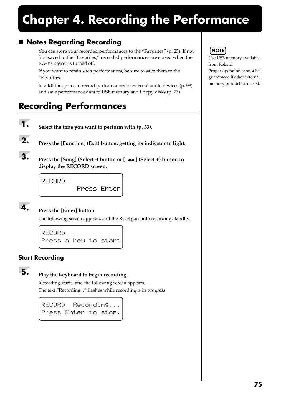 Chapter 4. recording the performance, Notes regarding recording, Recording performances | Recording (p. 75) | Roland RG-3 User Manual | Page 77 / 124