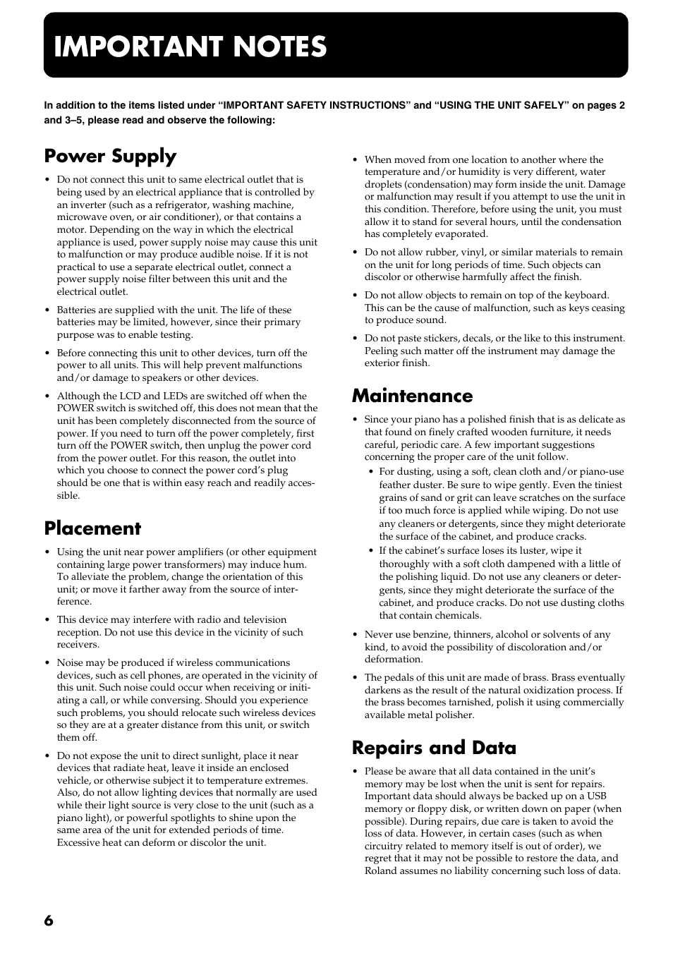 Important notes, Power supply, Placement | Maintenance, Repairs and data | Roland RG-3 User Manual | Page 8 / 124