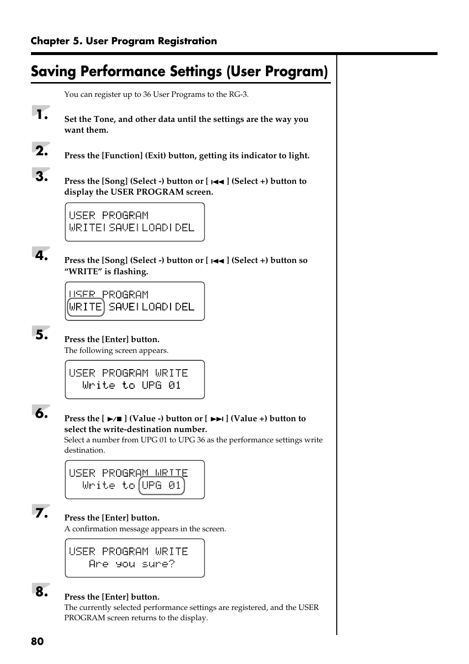 Saving performance settings (user program) | Roland RG-3 User Manual | Page 82 / 124