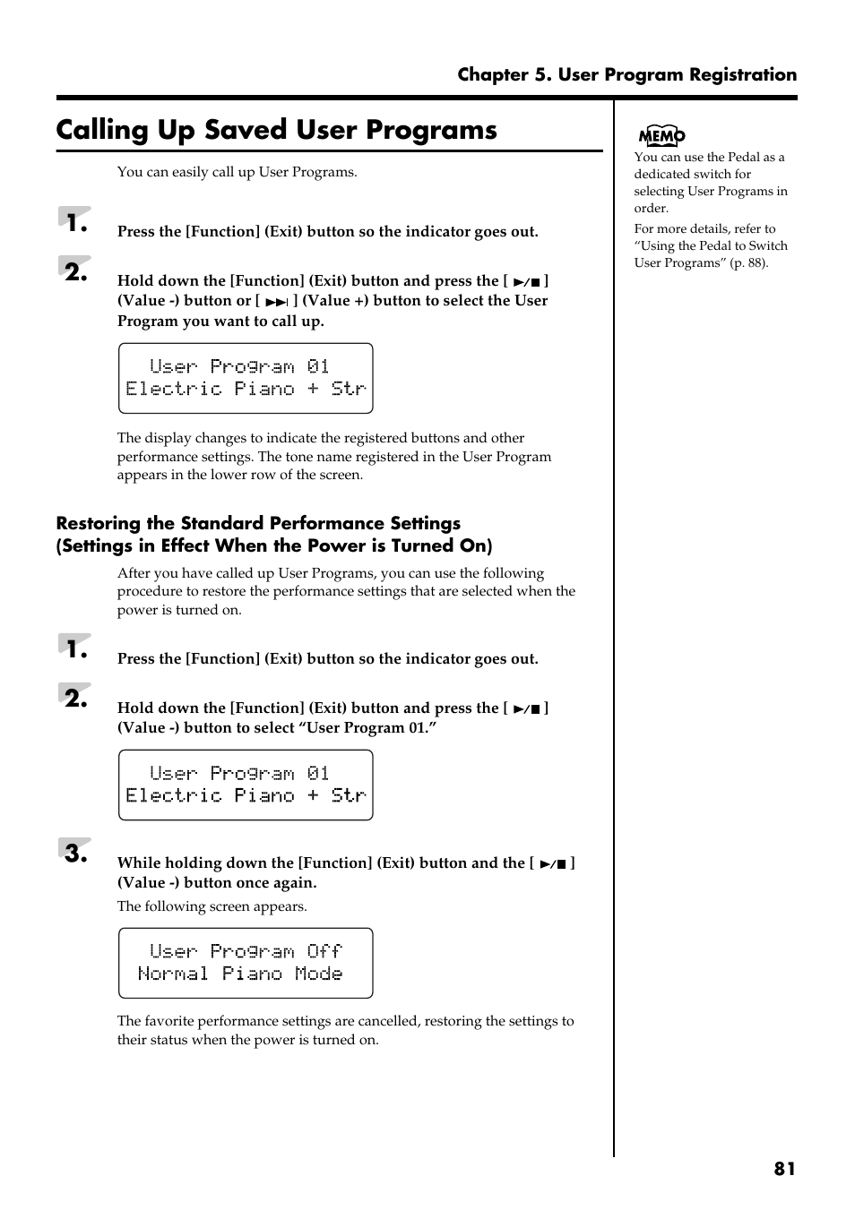 Calling up saved user programs | Roland RG-3 User Manual | Page 83 / 124