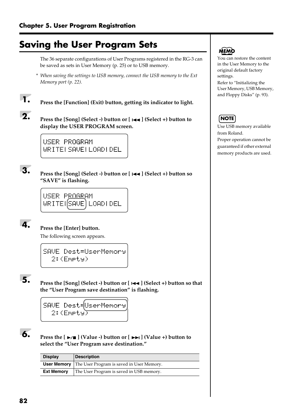 Saving the user program sets | Roland RG-3 User Manual | Page 84 / 124