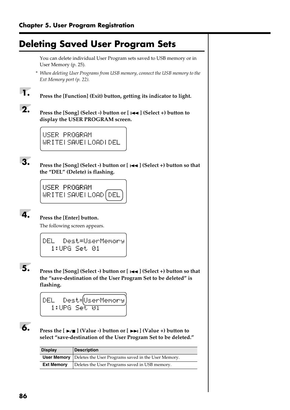 Deleting saved user program sets | Roland RG-3 User Manual | Page 88 / 124