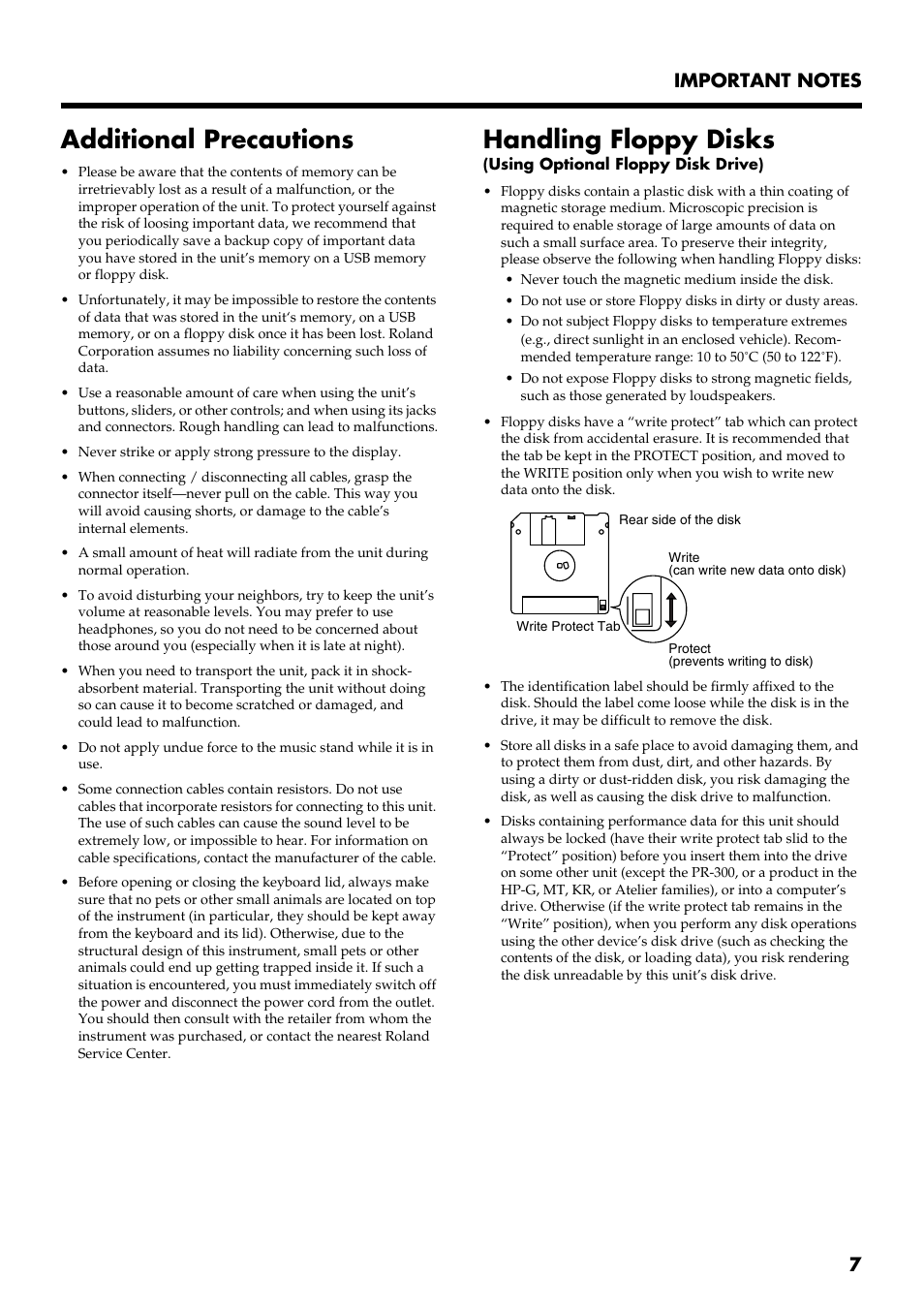 Additional precautions, Handling floppy disks | Roland RG-3 User Manual | Page 9 / 124