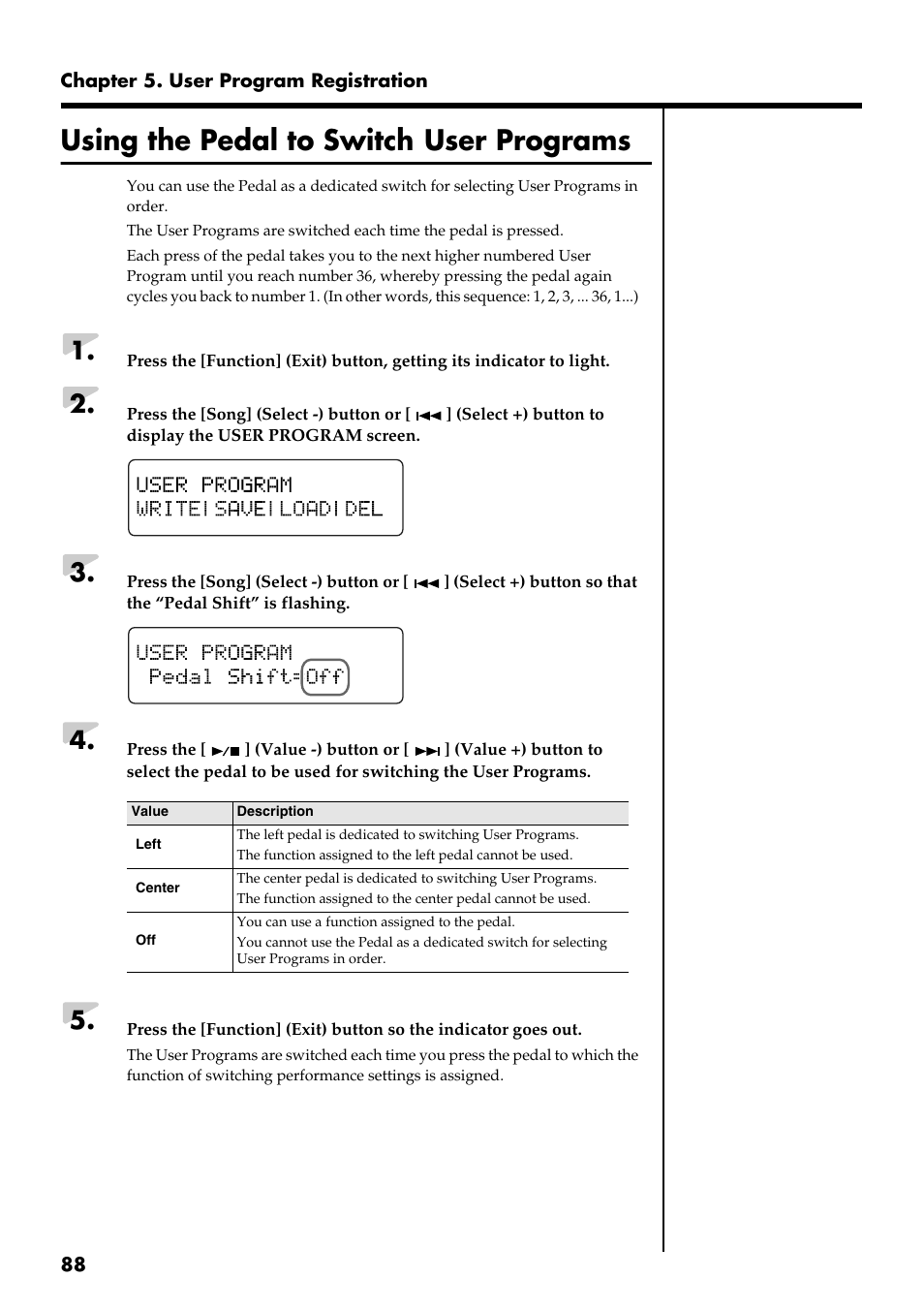 Using the pedal to switch user programs | Roland RG-3 User Manual | Page 90 / 124