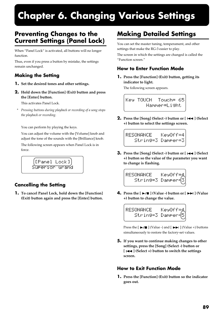 Chapter 6. changing various settings, Making detailed settings, Made (p. 89) | To change the value of a setting (p. 89) | Roland RG-3 User Manual | Page 91 / 124