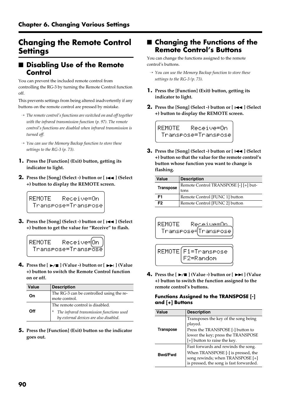 Changing the remote control settings, Disabling use of the remote control, 90 chapter 6. changing various settings | Roland RG-3 User Manual | Page 92 / 124