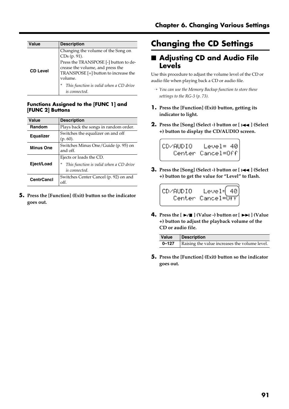 Changing the cd settings, Adjusting cd and audio file levels, 91 chapter 6. changing various settings | Roland RG-3 User Manual | Page 93 / 124