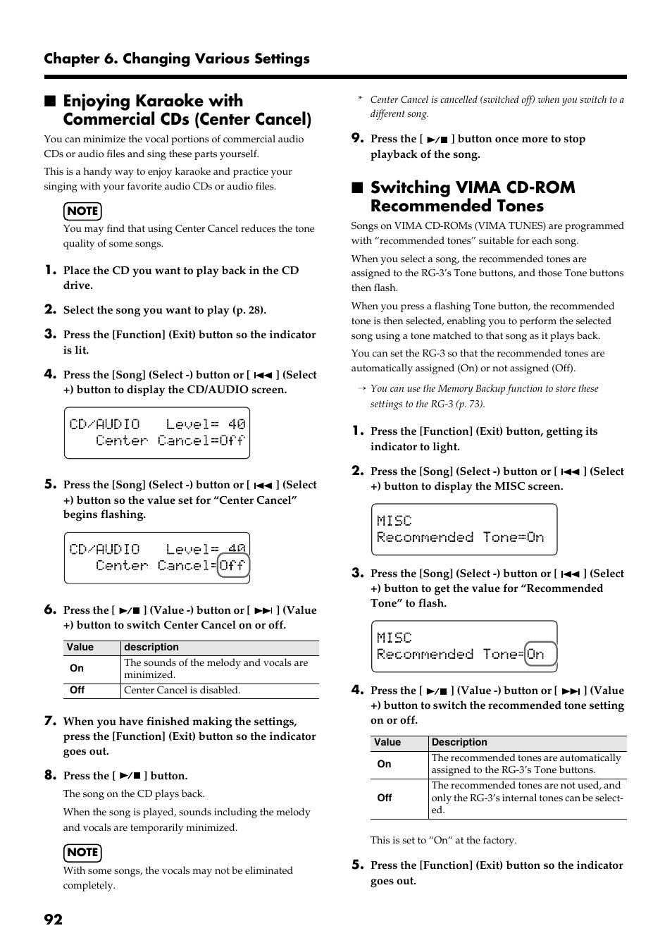 Switching vima cd-rom recommended tones, Switches center cancel (p. 92) on and, 92 chapter 6. changing various settings | Roland RG-3 User Manual | Page 94 / 124