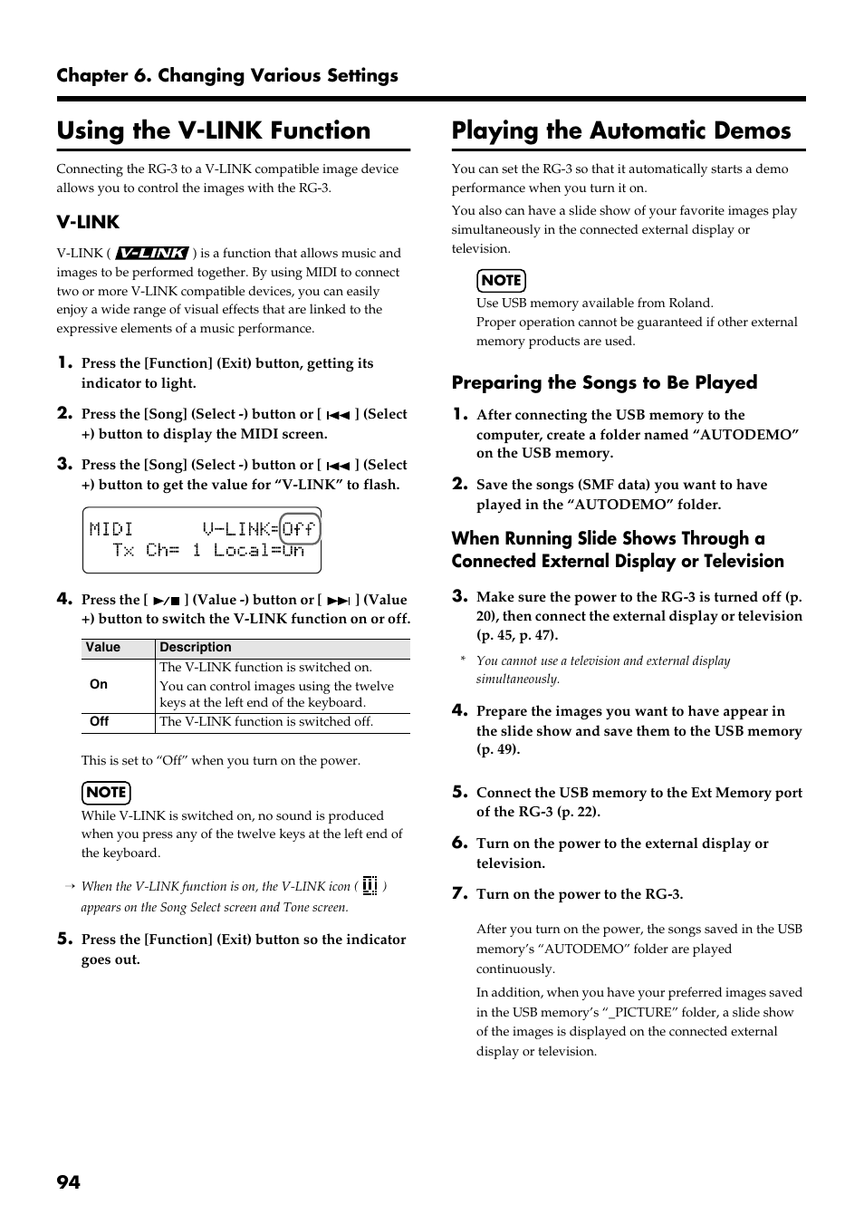 Using the v-link function, Playing the automatic demos | Roland RG-3 User Manual | Page 96 / 124