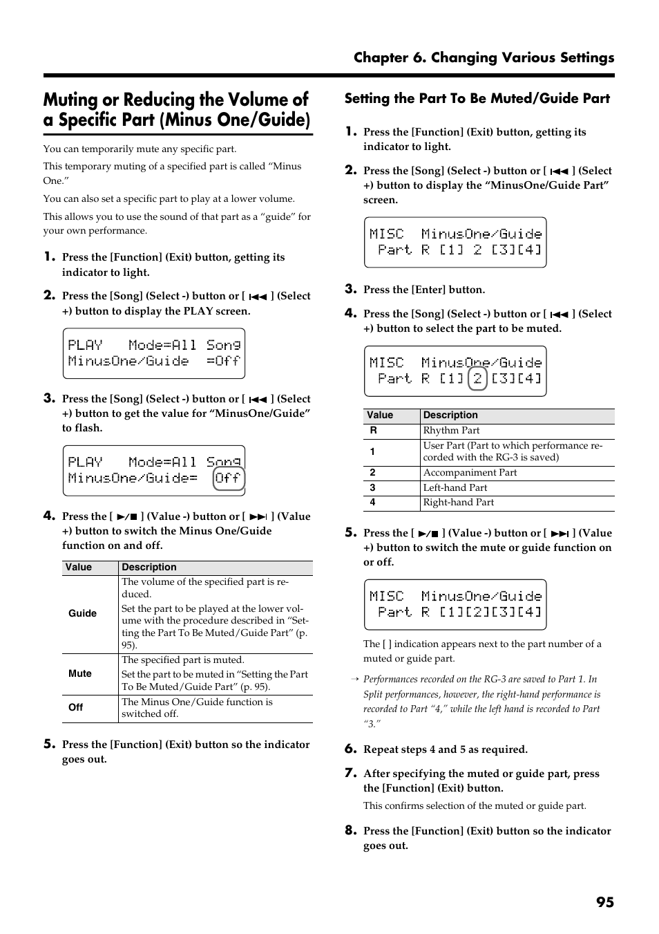 Track mute (p. 95), Switches minus one/guide (p. 95) on, 95 chapter 6. changing various settings | Setting the part to be muted/guide part | Roland RG-3 User Manual | Page 97 / 124