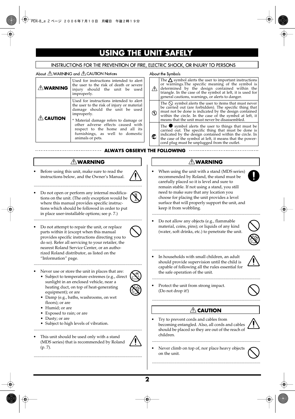 Using the unit safely | Roland PDX-8 User Manual | Page 2 / 8