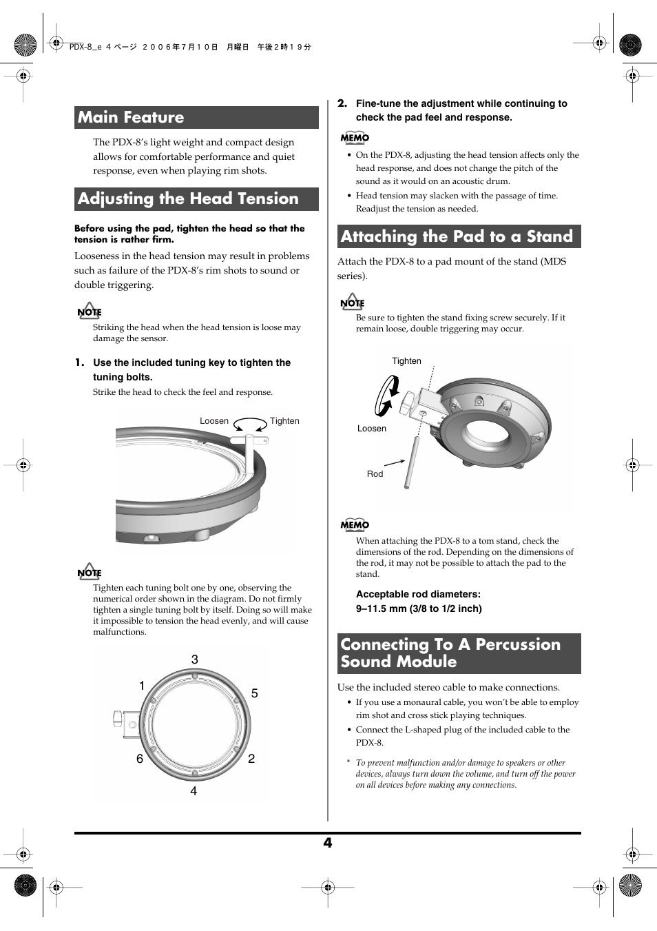 Main feature, Adjusting the head tension, Attaching the pad to a stand | Connecting to a percussion sound module, Main feature adjusting the head tension | Roland PDX-8 User Manual | Page 4 / 8