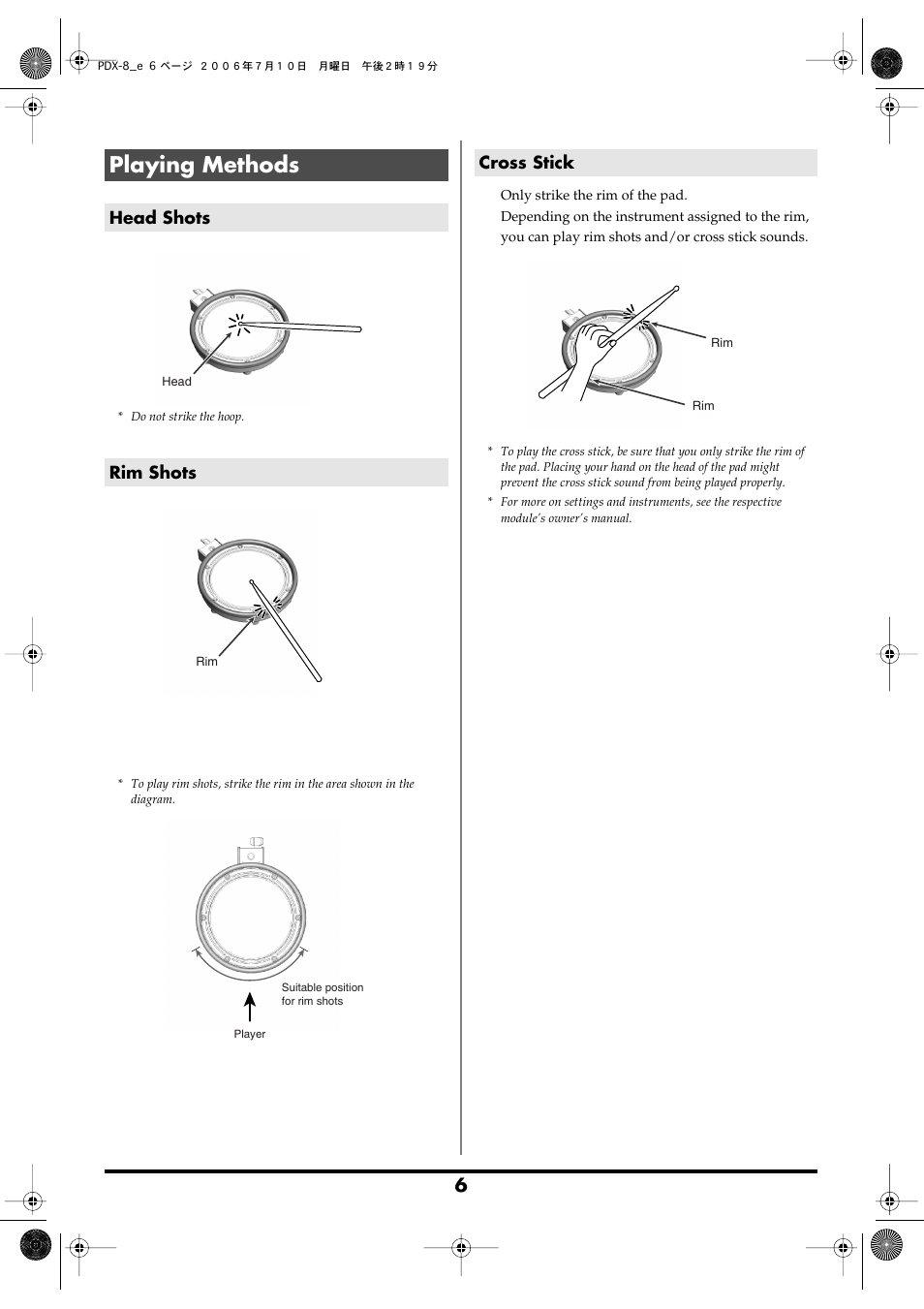 Playing methods, Head shots, Rim shots | Cross stick, Head shots rim shots | Roland PDX-8 User Manual | Page 6 / 8