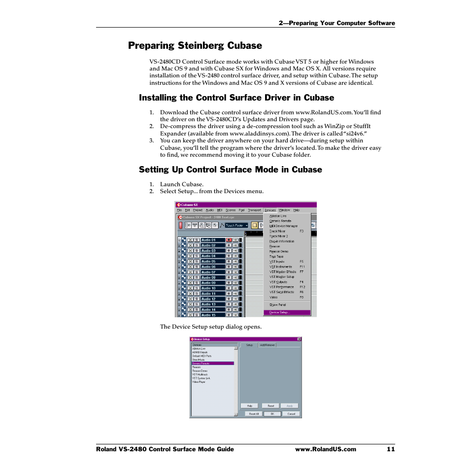 Preparing steinberg cubase, Installing the control surface driver in cubase, Setting up control surface mode in cubase | Roland VS-2480CD User Manual | Page 11 / 30