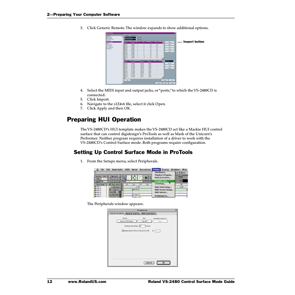 Preparing hui operation, Setting up control surface mode in protools | Roland VS-2480CD User Manual | Page 12 / 30