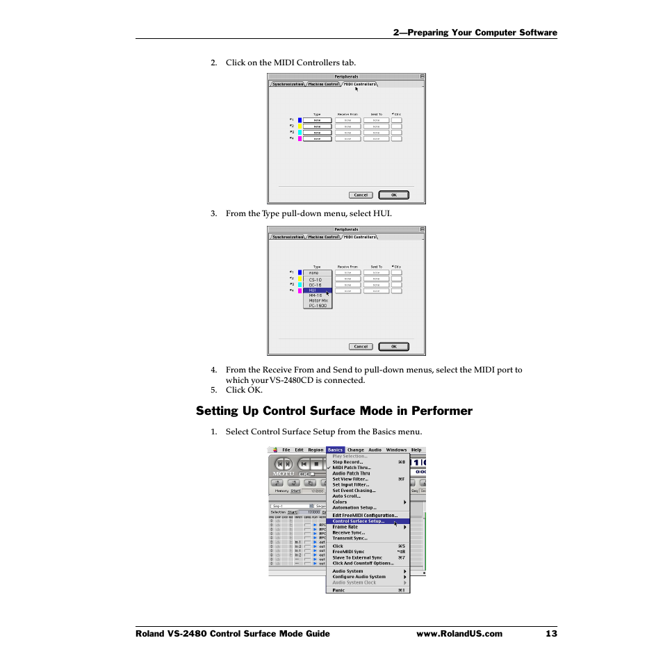 Setting up control surface mode in performer | Roland VS-2480CD User Manual | Page 13 / 30