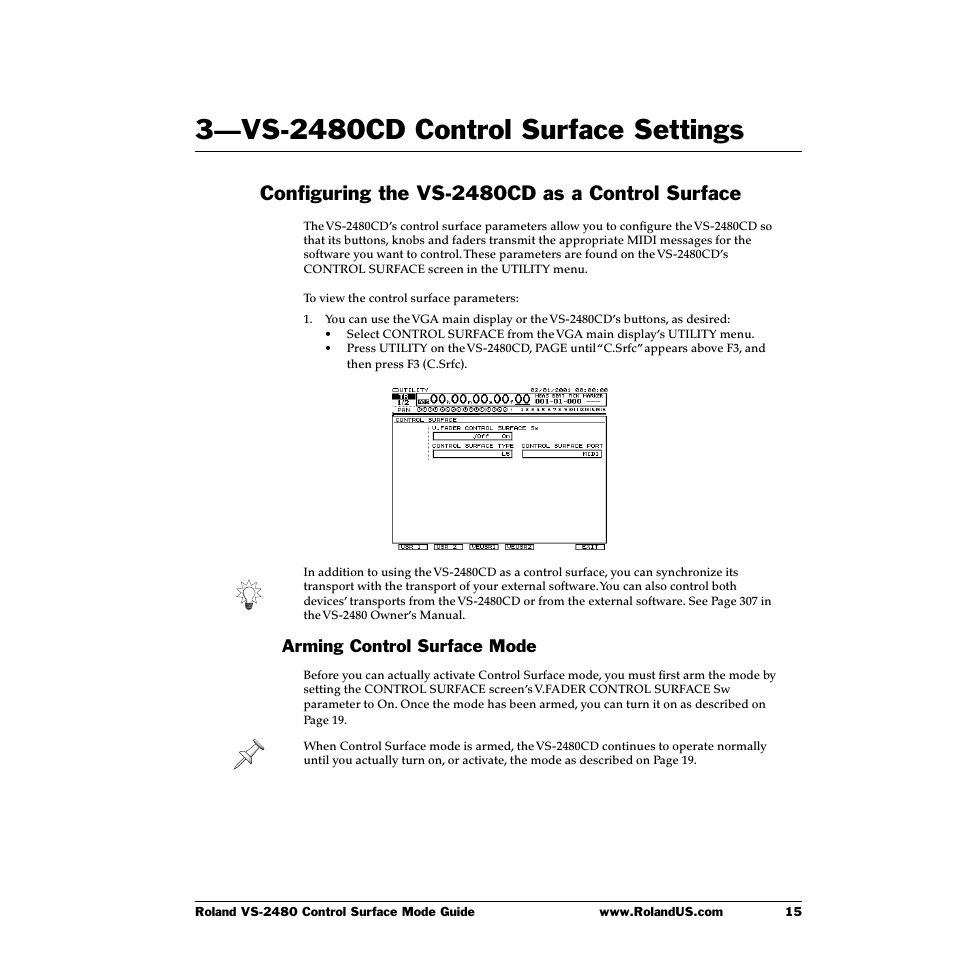 3—vs-2480cd control surface settings, Configuring the vs-2480cd as a control surface, Arming control surface mode | 3—vs-2480cd control surface settings 15 | Roland VS-2480CD User Manual | Page 15 / 30