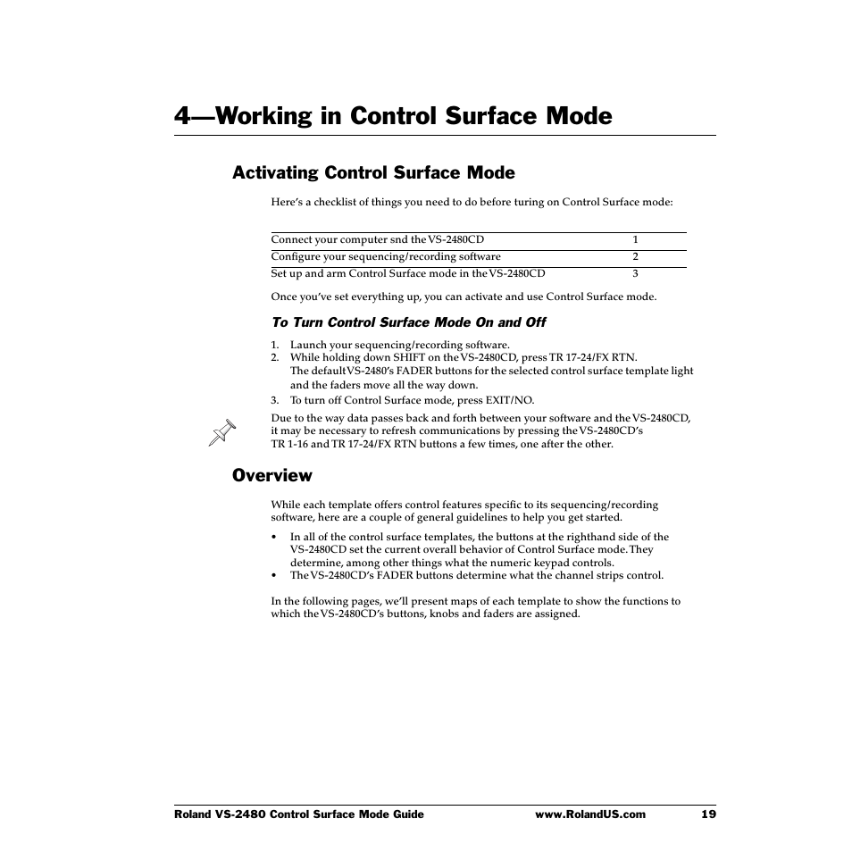 4—working in control surface mode, Activating control surface mode, Overview | 4—working in control surface mode 19, Activating control surface mode overview | Roland VS-2480CD User Manual | Page 19 / 30