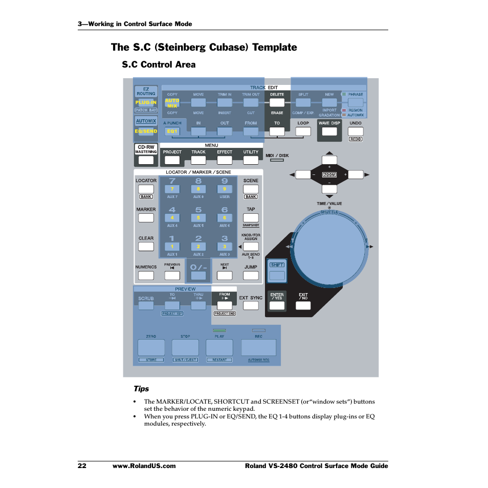 The s.c (steinberg cubase) template, S.c control area | Roland VS-2480CD User Manual | Page 22 / 30