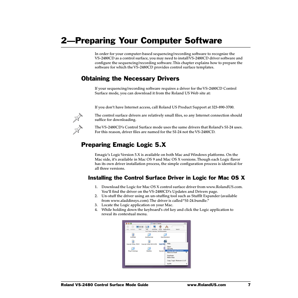 2—preparing your computer software, Obtaining the necessary drivers, Preparing emagic logic 5.x | 2—preparing your computer software 7 | Roland VS-2480CD User Manual | Page 7 / 30