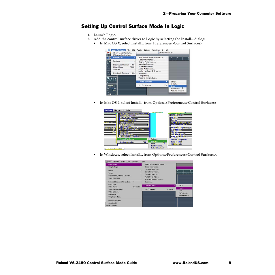 Setting up control surface mode in logic | Roland VS-2480CD User Manual | Page 9 / 30