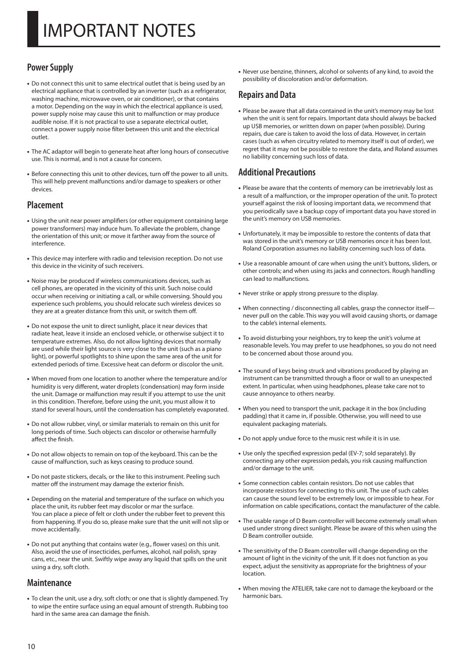 Power supply, Placement, Maintenance | Repairs and data, Additional precautions | Roland ATELIER Combo AT-350C User Manual | Page 10 / 132