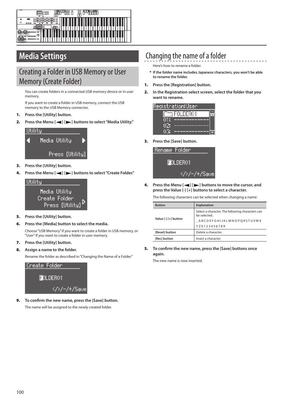 P. 100, Media settings, Changing the name of a folder | Roland ATELIER Combo AT-350C User Manual | Page 100 / 132