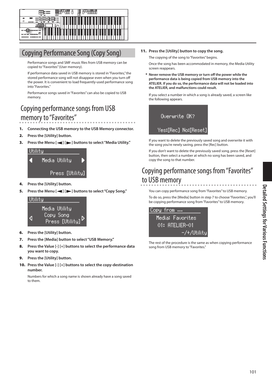 P. 101, Copying performance song (copy song), Detailed s ettings f or various f unc tions | Roland ATELIER Combo AT-350C User Manual | Page 101 / 132