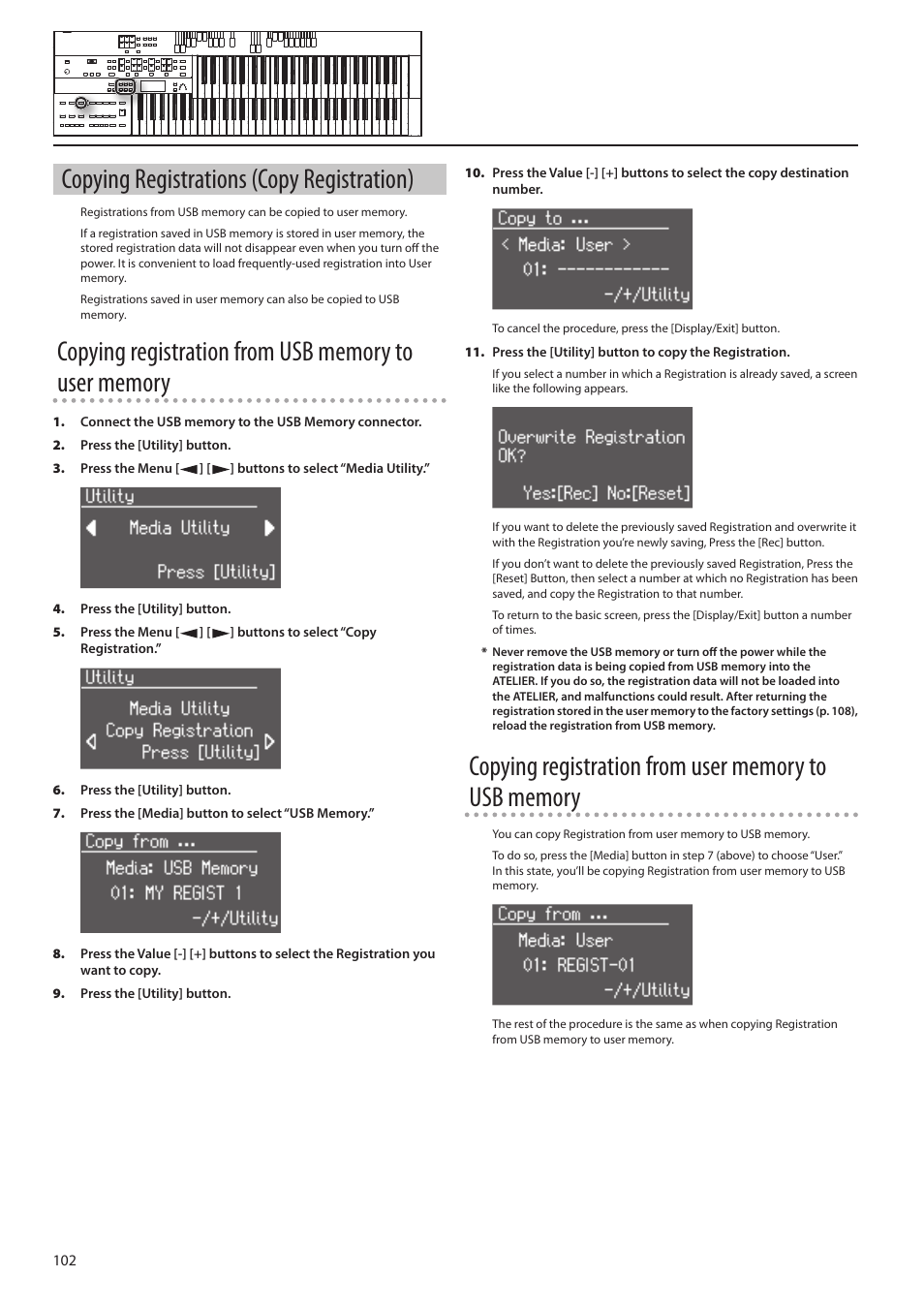 P. 102, Copying registrations (copy registration) | Roland ATELIER Combo AT-350C User Manual | Page 102 / 132