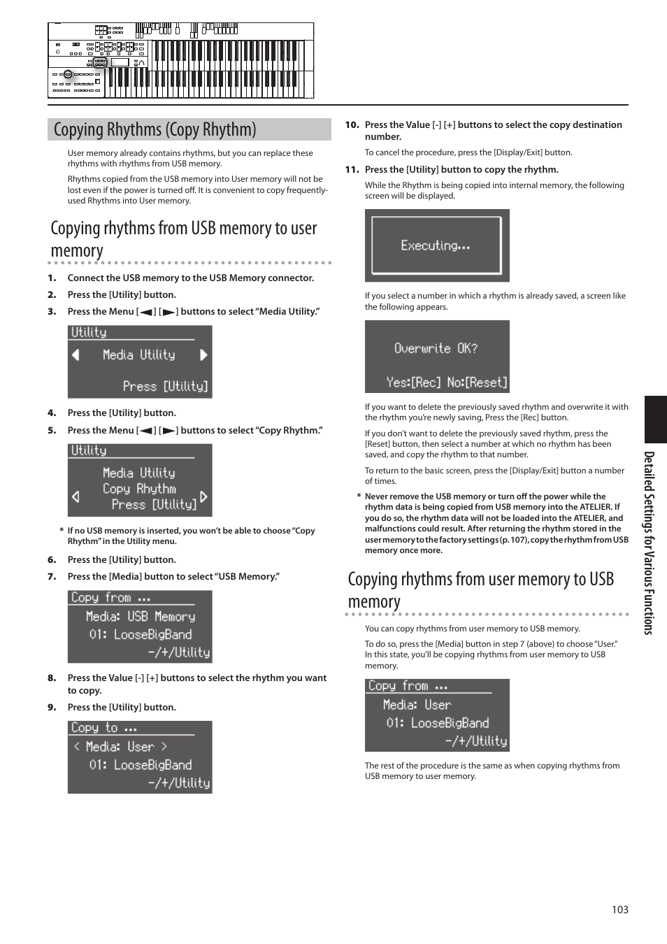 P. 103, Copying rhythms (copy rhythm), Detailed s ettings f or various f unc tions | Roland ATELIER Combo AT-350C User Manual | Page 103 / 132