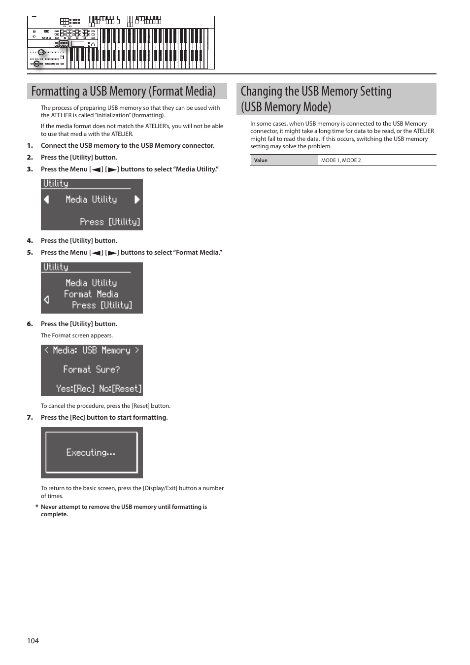 O “formatting a usb memory, Format media)” (p. 104), P. 104 | Roland ATELIER Combo AT-350C User Manual | Page 104 / 132