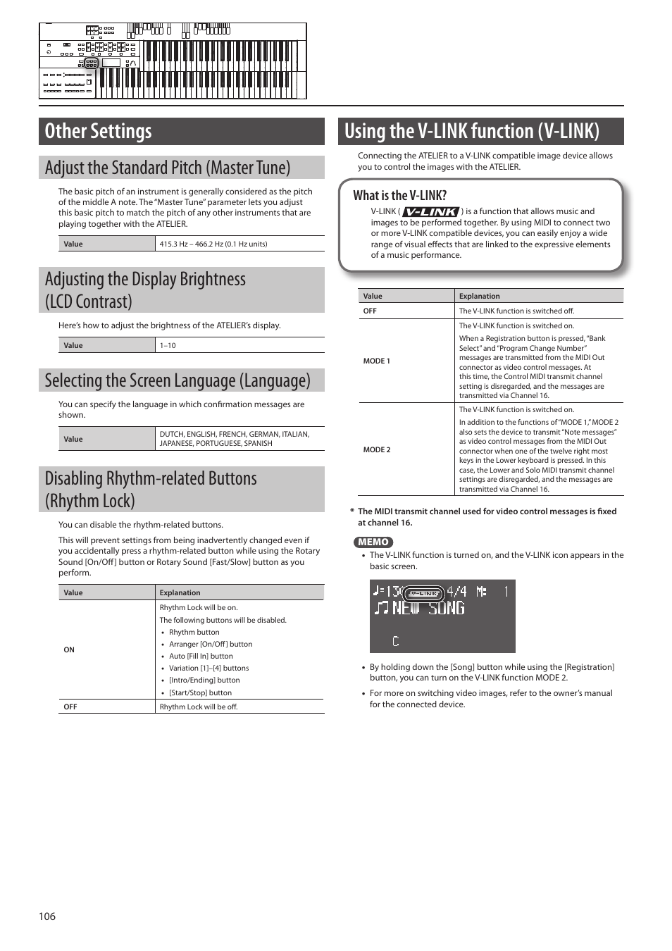 P. 106, Other settings, Using the v-link function (v-link) | Adjust the standard pitch (master tune), Adjusting the display brightness (lcd contrast), Selecting the screen language (language), Disabling rhythm-related buttons (rhythm lock), What is the v-link | Roland ATELIER Combo AT-350C User Manual | Page 106 / 132