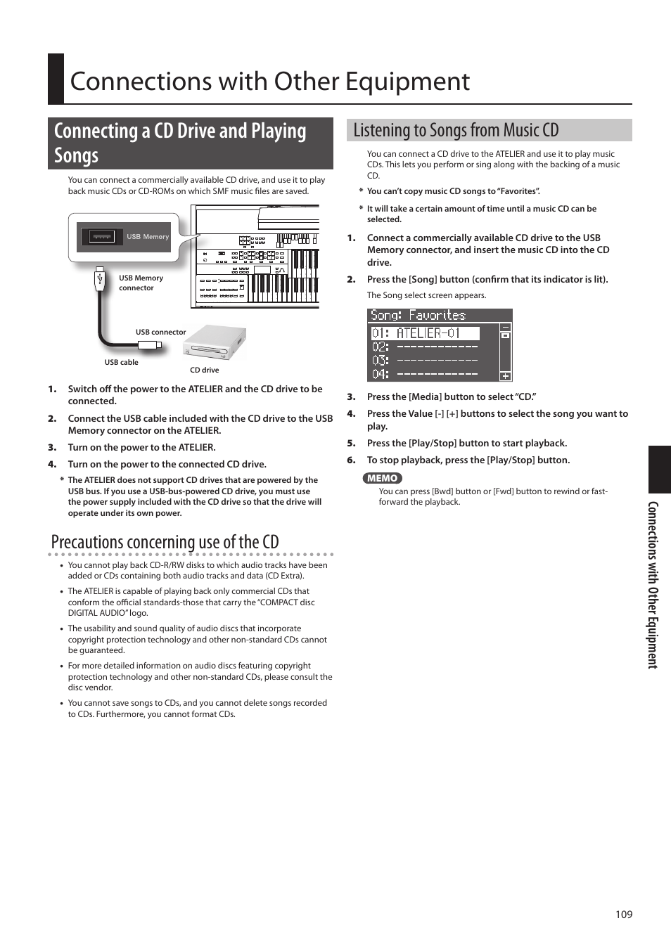 Connections with other equipment, Connecting a cd drive and playing songs, Precautions concerning use of the cd | Listening to songs from music cd, Connec tions with o ther e quipmen t | Roland ATELIER Combo AT-350C User Manual | Page 109 / 132