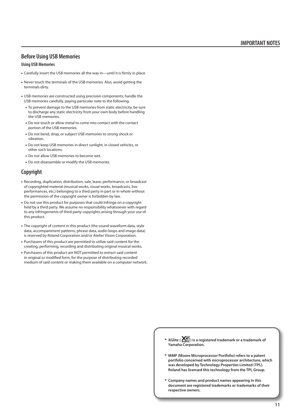 Copyright | Roland ATELIER Combo AT-350C User Manual | Page 11 / 132