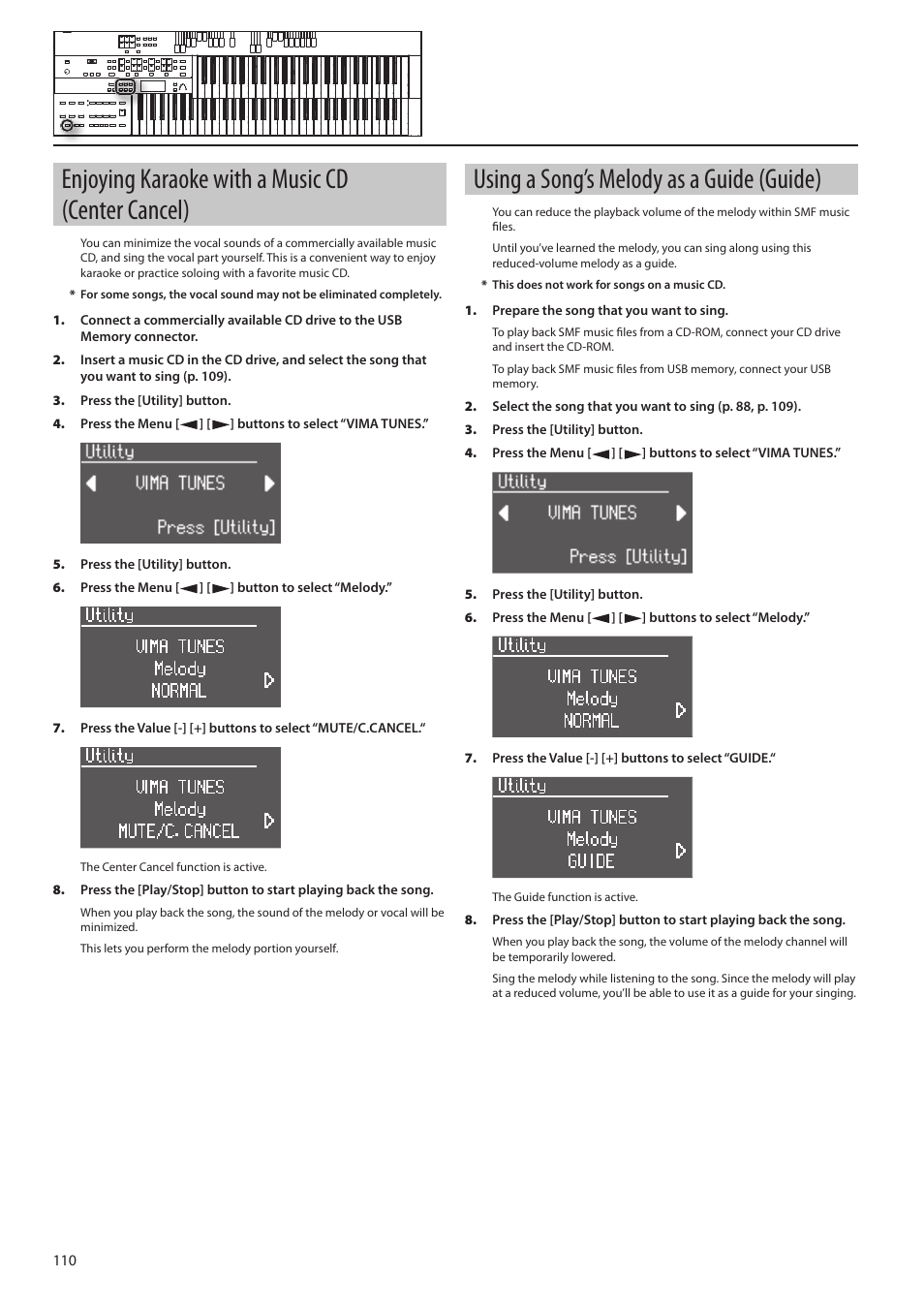 P. 110, Enjoying karaoke with a music cd (center cancel), Using a song’s melody as a guide (guide) | Roland ATELIER Combo AT-350C User Manual | Page 110 / 132