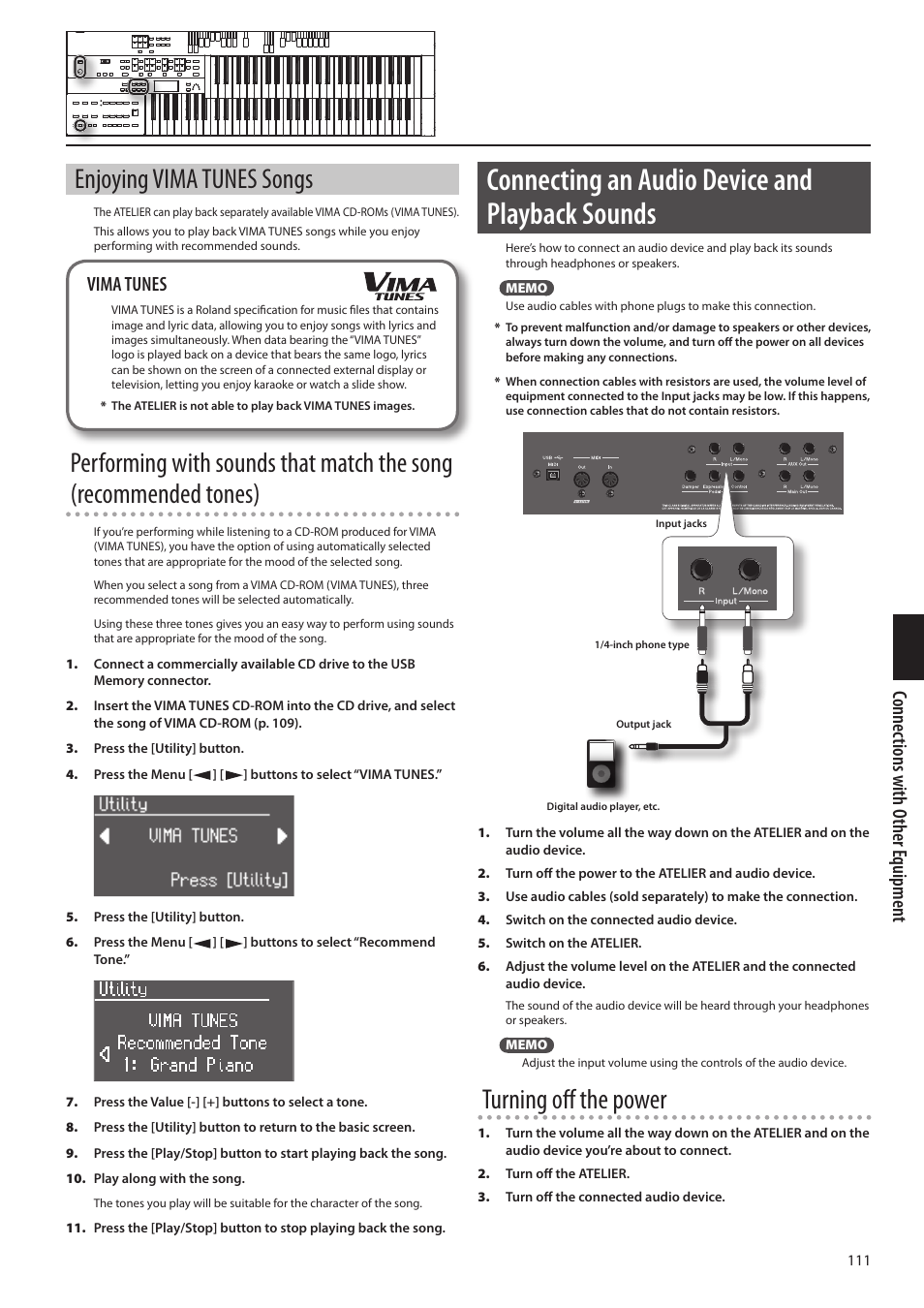E (p. 111), P. 111, Connecting an audio device and playback sounds | Enjoying vima tunes songs, Turning off the power, Connec tions with o ther e quipmen t, Vima tunes | Roland ATELIER Combo AT-350C User Manual | Page 111 / 132