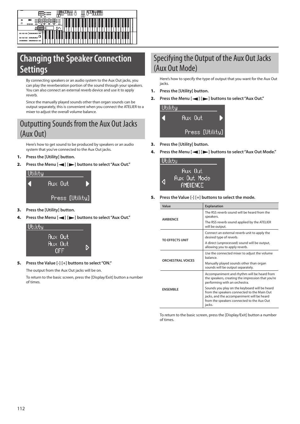 Our music (p. 112), P. 112, Changing the speaker connection settings | Outputting sounds from the aux out jacks (aux out) | Roland ATELIER Combo AT-350C User Manual | Page 112 / 132