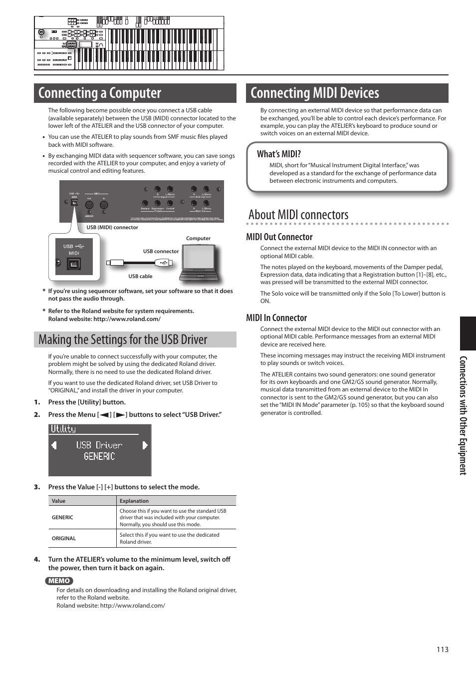Ta (p. 113), P. 113, Connecting a computer | Connecting midi devices, Making the settings for the usb driver, About midi connectors, Connec tions with o ther e quipmen t, What’s midi, Midi out connector, Midi in connector | Roland ATELIER Combo AT-350C User Manual | Page 113 / 132