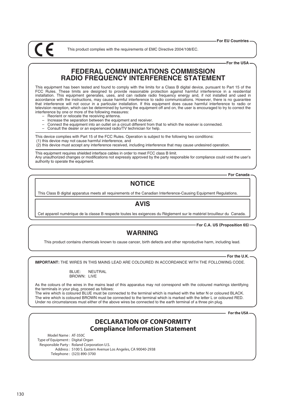 Notice avis, Warning | Roland ATELIER Combo AT-350C User Manual | Page 130 / 132